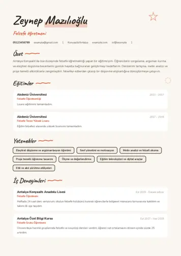 Felsefe Öğretmeni CV Örnekleri cv indir